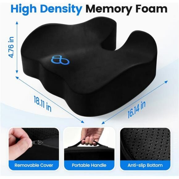 Memory Foam Seat Cushion Office Car Chair Pad with Handle Non Slip Tailbone Pain - Picture 2 of 7